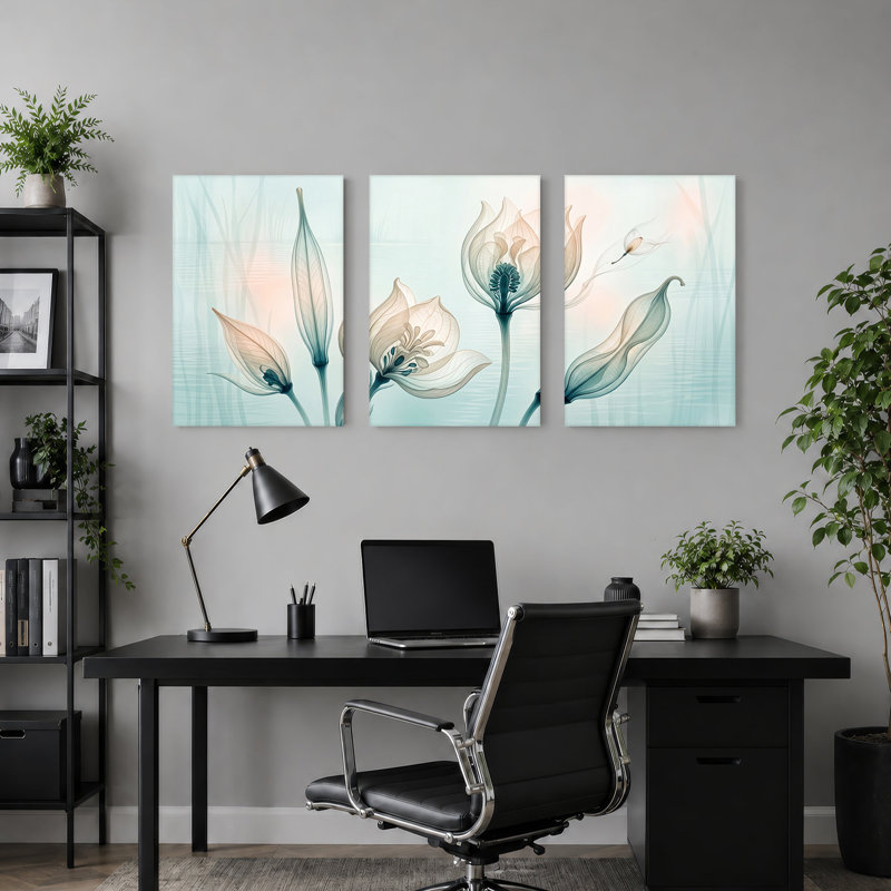 Ensemble de 3 toiles translucides bleu sarcelle et pêche, H 24 po x l 16 po x 3 pièces