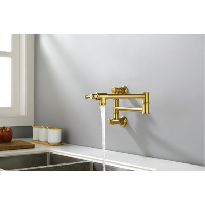 Wall Mounted Pot Filler - Brass Gold, Arm, Corrosion Resistance Faucet Mount Brass, Gold Color, Quiet Aerator, Corrosion