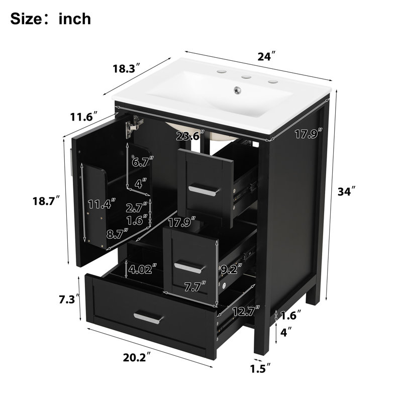 Meuble-lavabo compact compact avec lavabo, structure en bois, noir élégant