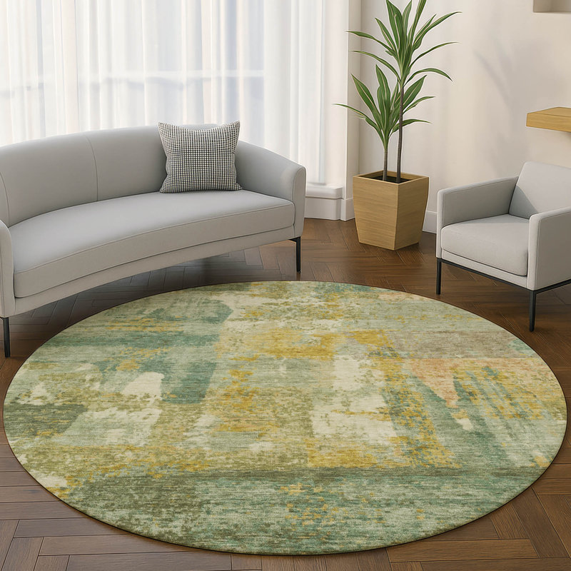Premium Machine Washable Mayfield AMF2147 abstract Rug, Round 8', Green