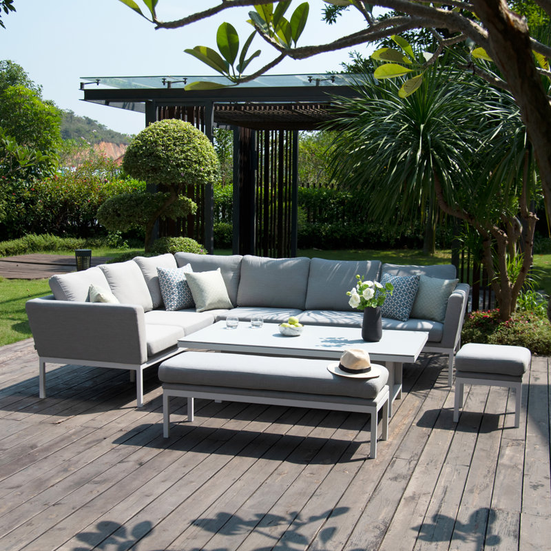 Bayboro Outdoor Fabric Rectangular Corner Dining Set - with Rising Table - Lead Chine