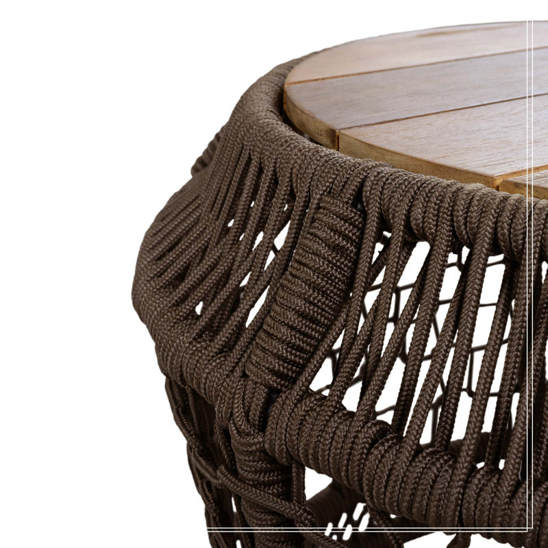 Table d'appoint ronde en bois d'acacia avec structure en corde tissée grise, plateau en teck, capacité de 150 lb, aucun assemblage requis, table d'appoint résistante aux intempéries pour le salon de patio