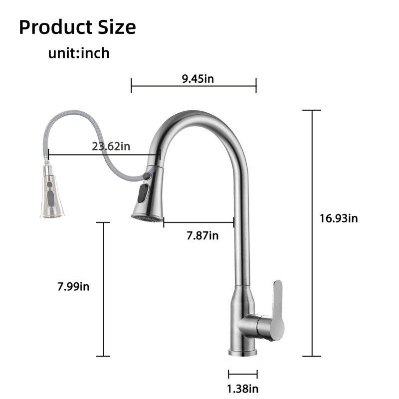 High Radian Single Handle Stainless Steel Brushed Nickel Kitchen Faucet With Pull-Down Spray, 360 ° Rotation