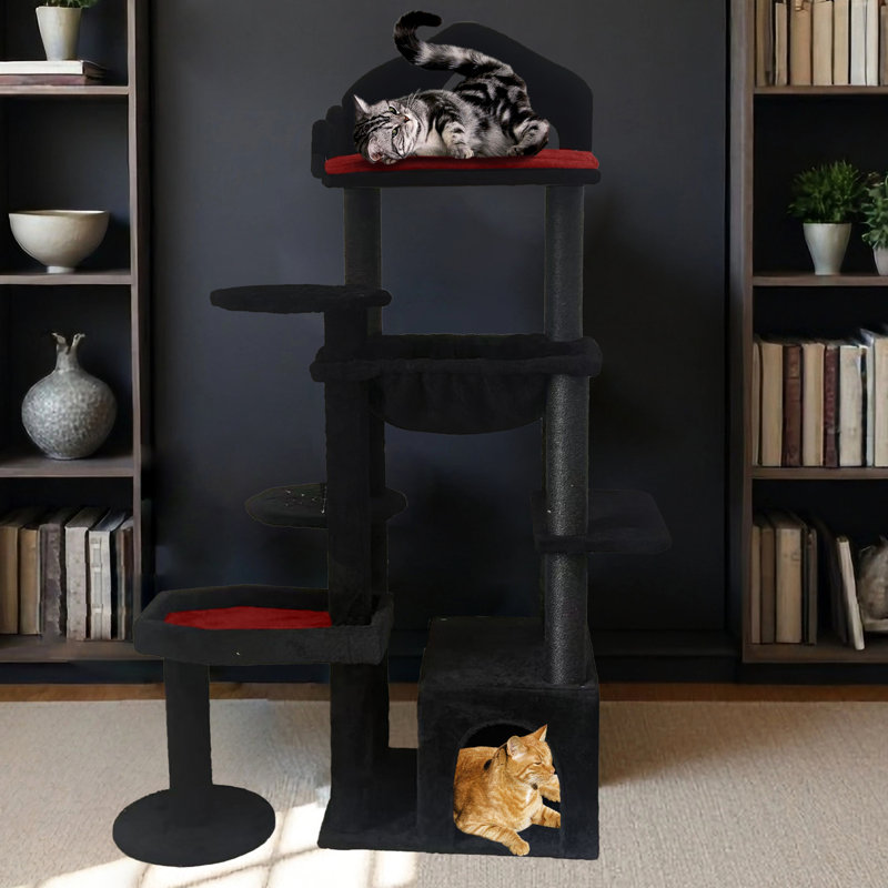 Tour à chat noir avec maison fantasmagorique, arbre rembourré épais et grattoir avec plateforme, lit tapissier confortable, plusieurs surfaces