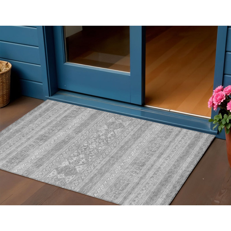 3' X 5' Silver Gray And Ivory Southwestern Washable Indoor Outdoor Area Rug