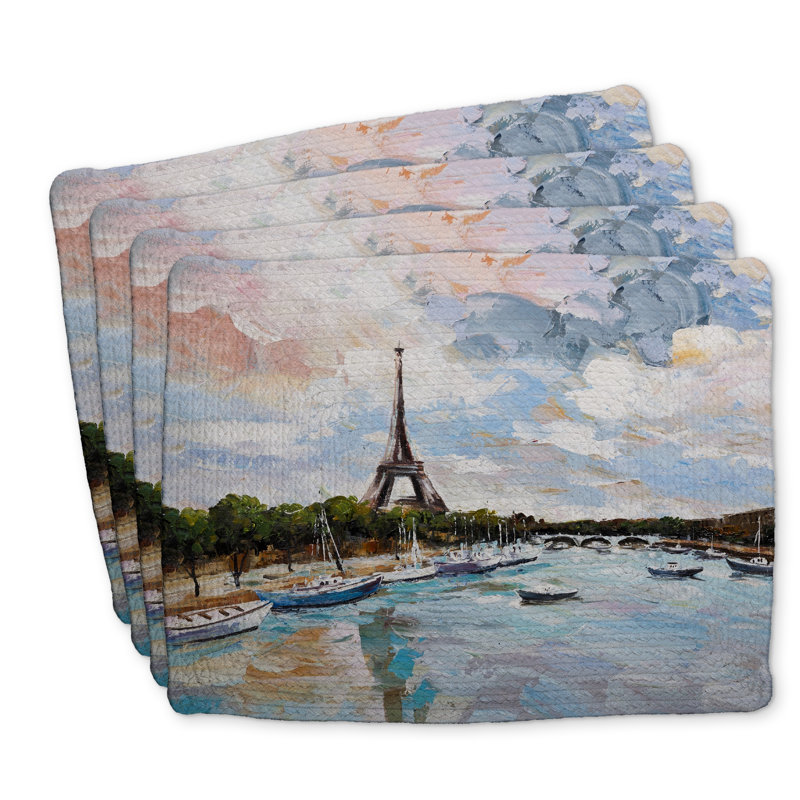 Ensemble de 4 napperons en polyester tressé - Bateaux sur la seine Paris