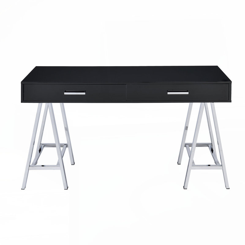 Bureau d'écriture 2 tiroirs avec base en métal noir brillant et chrome