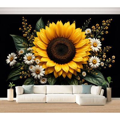 Wall Mural Peel and Stick Wallpaper Sunflower White Daisy Floral Arrangement Golden Yellow Blooms Dark Self-Adhesive Removable Contact Paper Wall Decor for Living Room Bedroom 100"H x 144"W