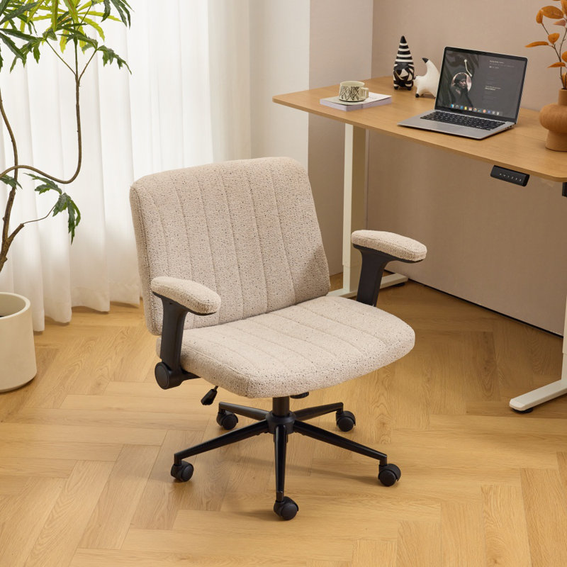 Chenille Upholstered Swivel Desk Chair with Flip-Up Arms, Adjustable Rolling Home Office Task Chair, Black, Khaki