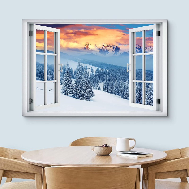 «Window View Winter Window Wonderland Mountain Pine Trees Nature Images Scenic Landscape» sur toile, H 32 po x l 48 po