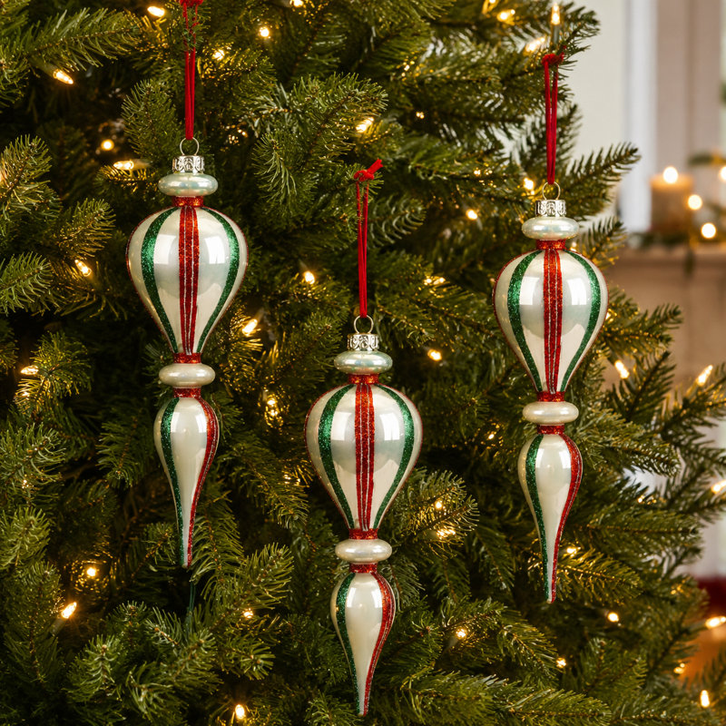 Ornements de Noël à rayures rouges, vertes et nacrées, ensemble de 3
