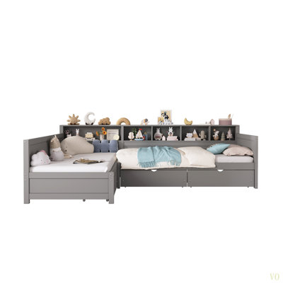 Twin Size Day Bed For 2, L- Shape Twin Size Bed Frame With Storage 3 Drawers,  Wooden Corner Bed With Bookshelf, Corner Bed Frame For Bedroom, Living Room