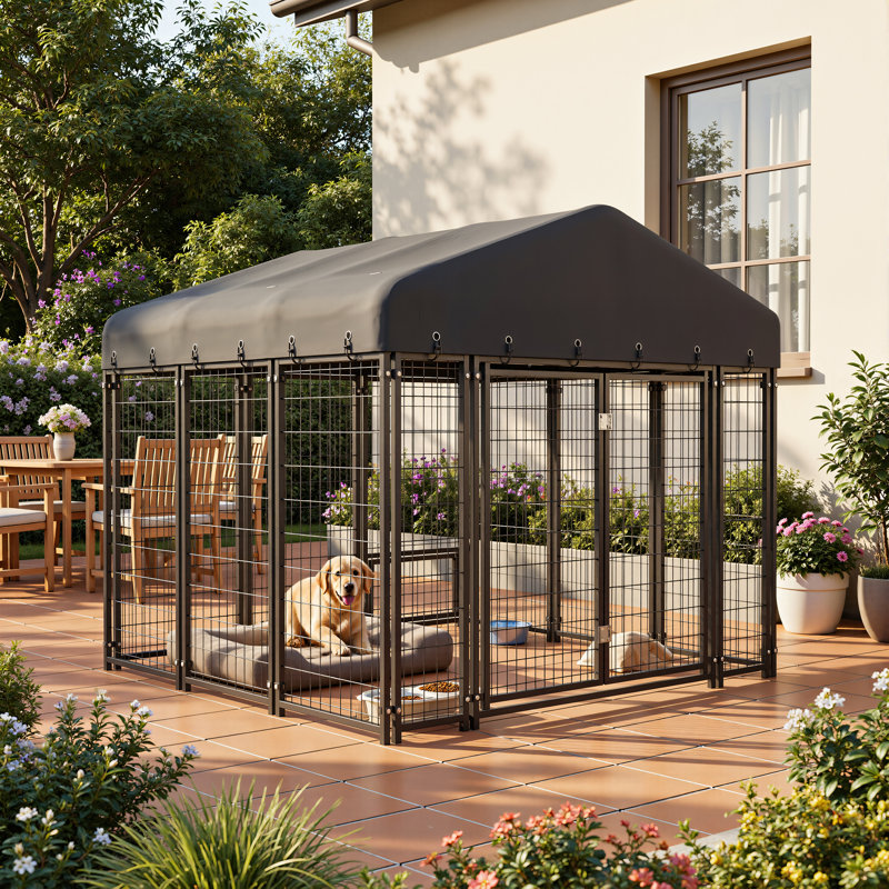 Niche pour chien 73 po x 70 po en métal avec toit résistant aux rayons UV, panneaux pliables robustes, cadre en filet sécuritaire, noir