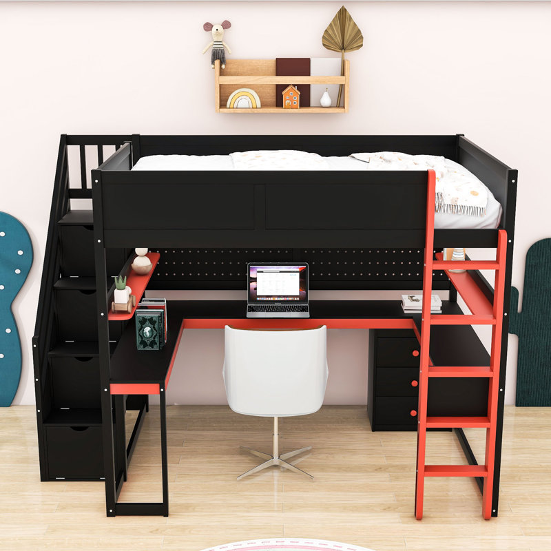 Esports-Inspired Wood Loft Bed with Built-In Desk, Shelves and Storage Stairs, Black Red, Full