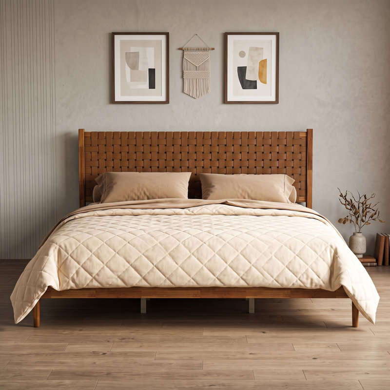 Lit plateforme en bois avec tête de lit et lattes, Très grand lit, Caramel
