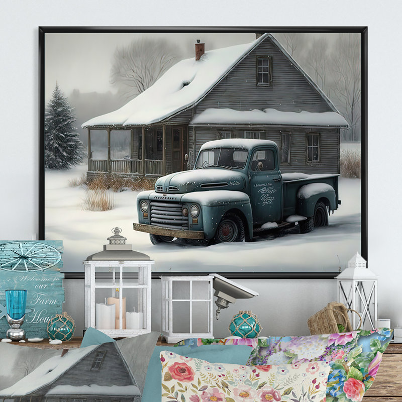 «Old Truck at the Barn in Winter IV», peinture sur toile, Toile avec cadre flottant noir, H 12 po x l 20 po x P 1 po