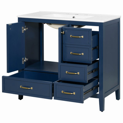 Meuble-lavabo 36 po avec lavabo, armoire de salle de bain avec porte à fermeture en douceur, 4 tiroirs de différentes tailles, structure et pieds en bois massif, un paquet