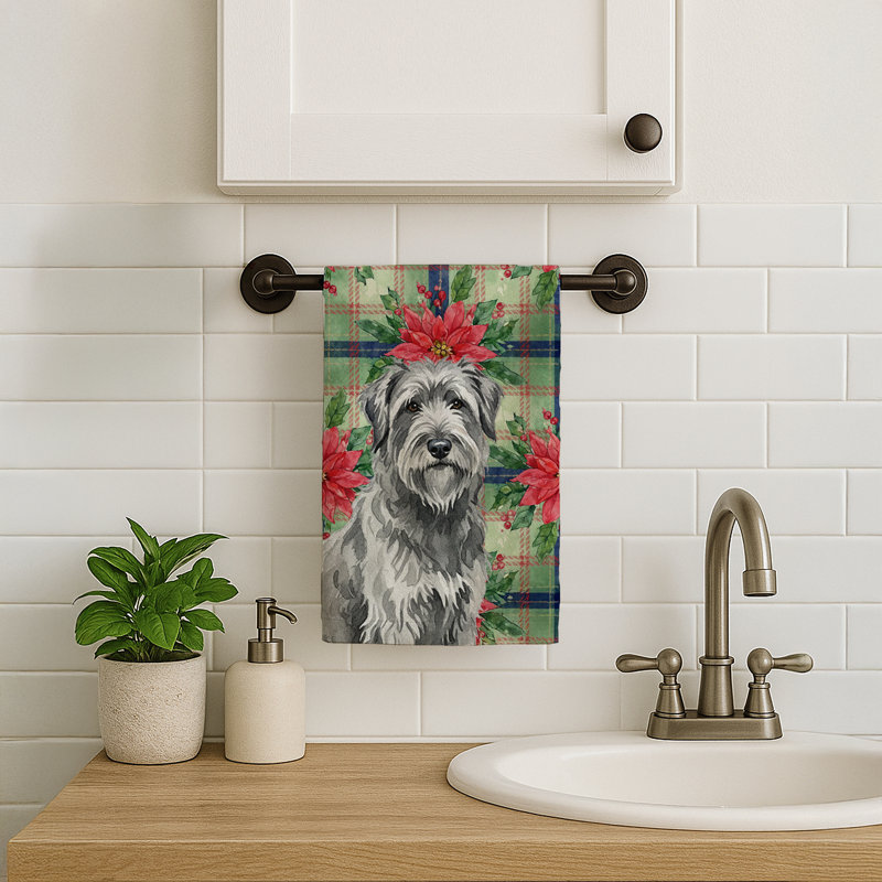 Gray Briard Christmas PoinsettIas Kitchen Towel, Gray Briard