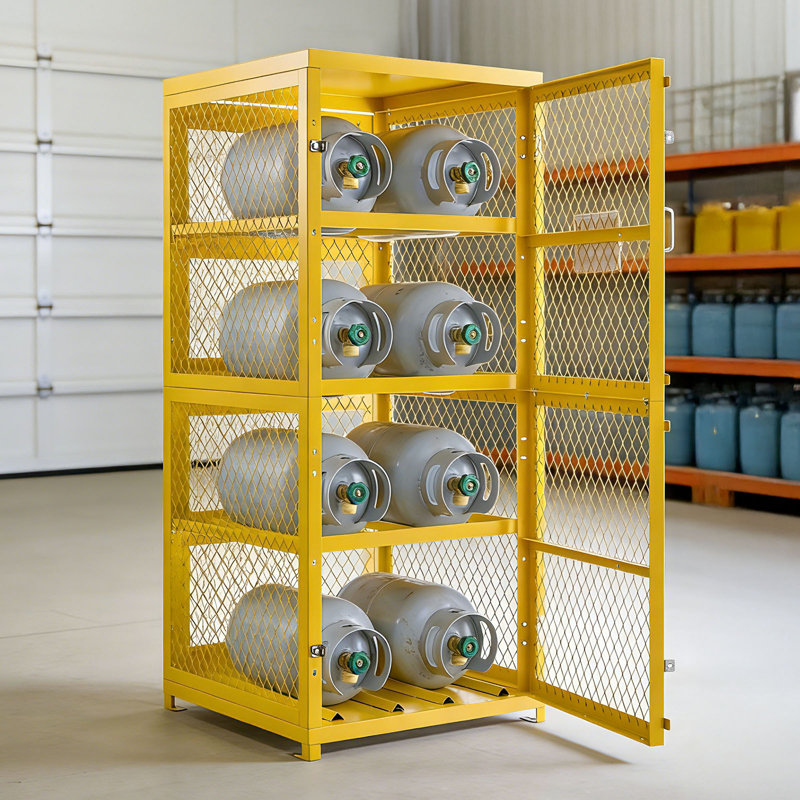 Armoire de rangement à cylindre horizontal, L 30 po x l 30 po x H 70,3 po, capacité de 8 cylindres, cage de rangement au propane à 4 niveaux, avec serrure et clés, acier au carbone thermolaqué jaune, pour le propane, l'oxygène et l'azote