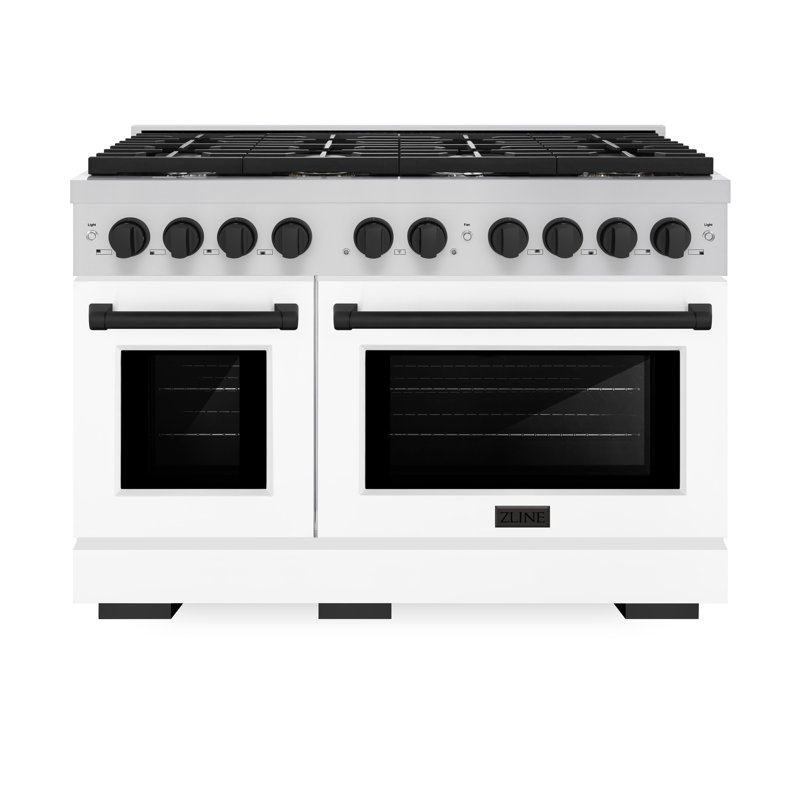 ZLINE 48 in. 8 Burner Double Oven Gas Range in Stainless Steel with White Matte Doors and Accents