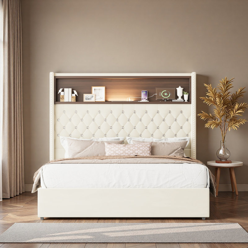 Structure de lit moelleuse en velours avec port USB et veilleuse, tête de lit haute 52 po avec rivets, lit plateforme à oreilles avec tablette de tête de lit