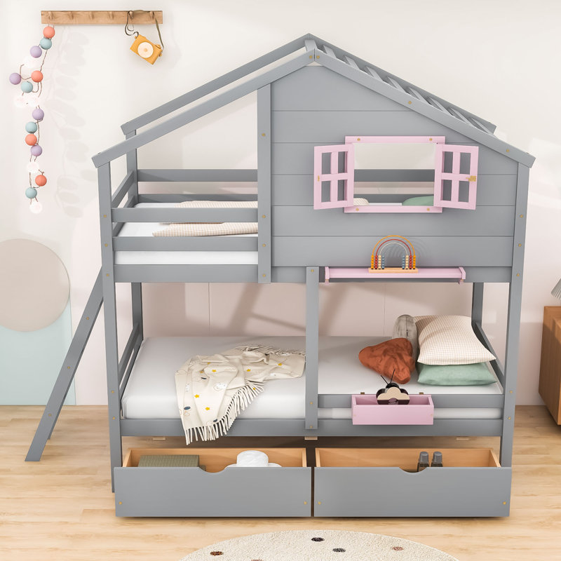Cranmo Kids Twin Over Twin Bunk Bed with Drawers, Gray
