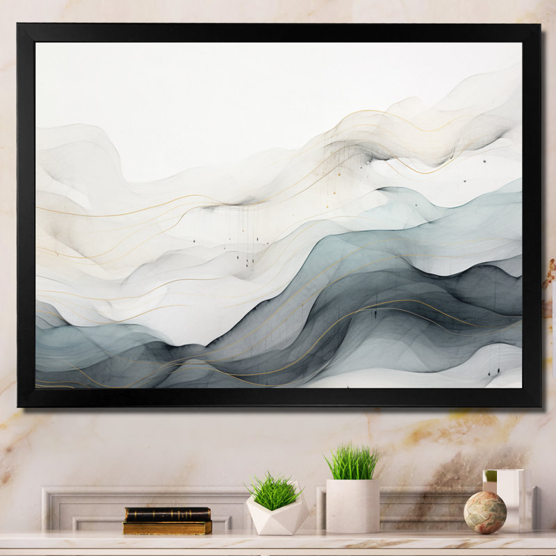 Bleu gris, dessin au trait abstrait conceptuel II - Art mural, Cadre doré simple, Noir, H 24 po x l 32 po