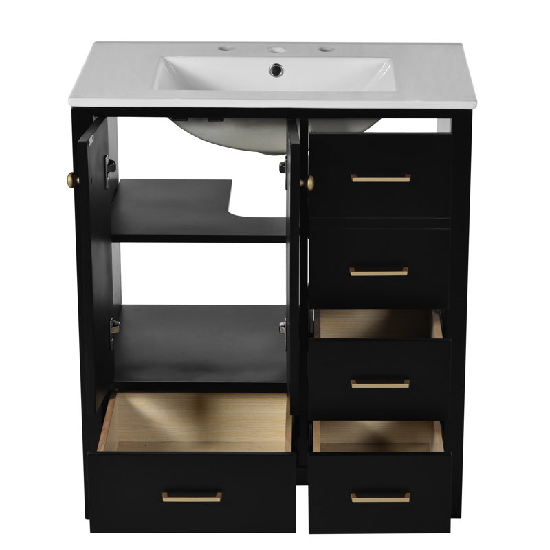  30'' Bathroom Vanity with Ceramic Sink Combo, Solid Wood Frame Freestanding Storage Cabinet with 4 Drawers and Soft Closing Doors, Black