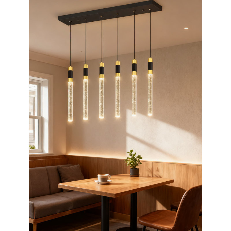 Modern 6-Light Rectangular LED Chandelier With Remote Control, Dimmable Lighting For Living Room Dining Room Entryway High Ceilings