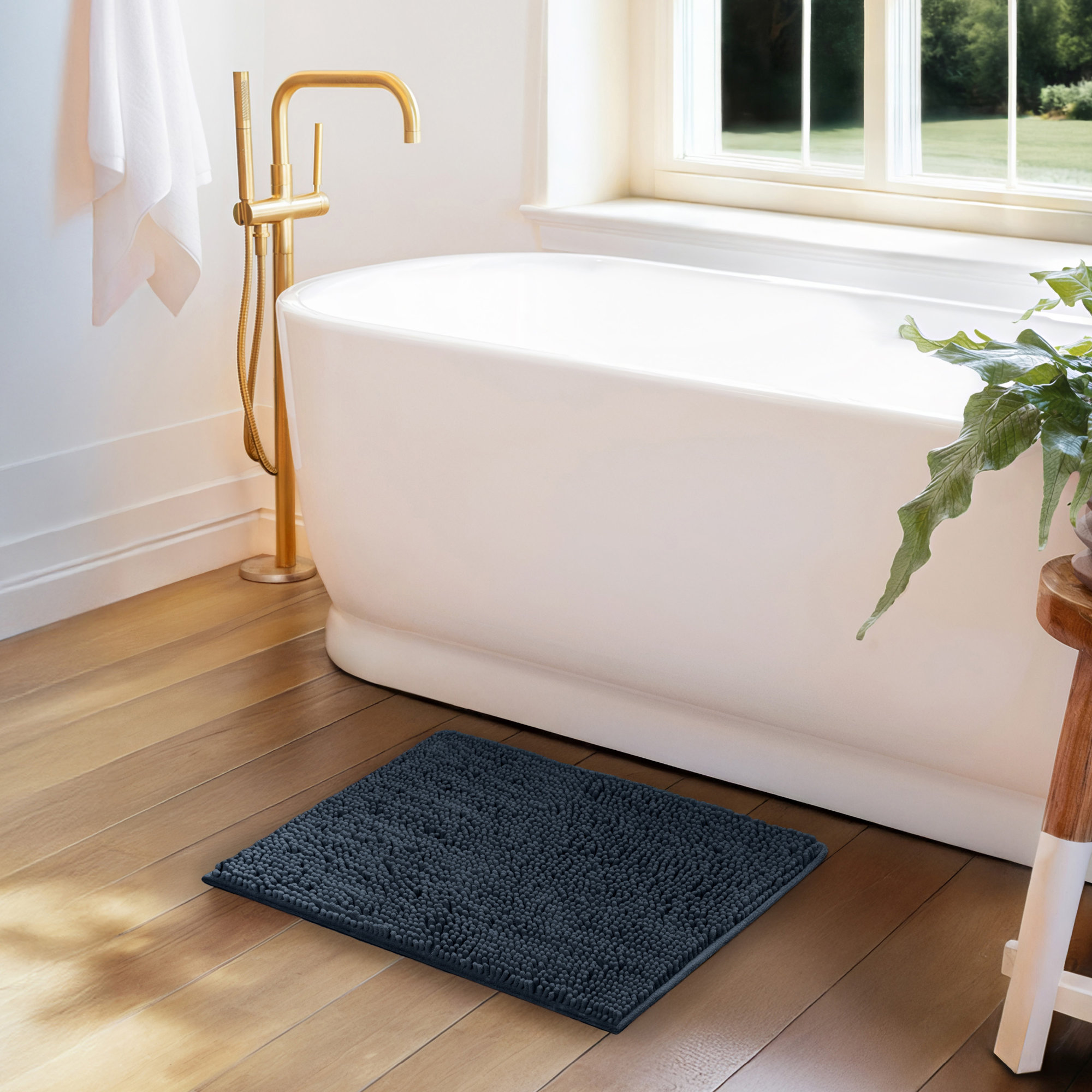 Soft Absorbent Chenille Bath Mat Rug with Anti-Skid Rubber Backing, Navy, 24" L x 17" W