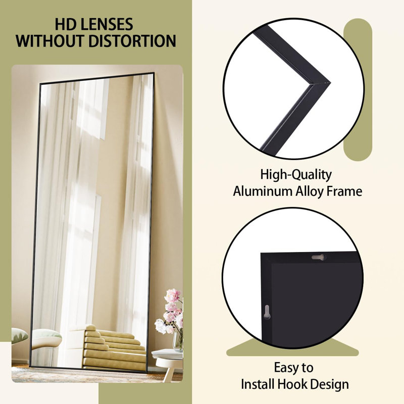 71" x 26", can be hung vertically or against a wall, floor mirror in black