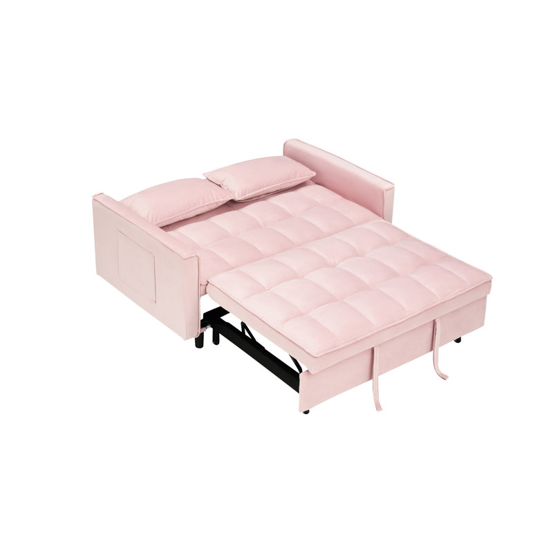 Lit escamotable à 2 places en velours rose avec rembourrage en éponge et cadre 3 poches de soutien du dos pour un rangement pratique