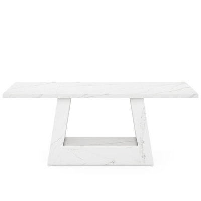63" Modern Rectangular Dining Table For 4 To 6 People, White Faux Marble Kitchen Table With Sturdy Trapezoid Base, Elegant Wood Veneer Dinner Table For Dining Room, Office, Or Living Room