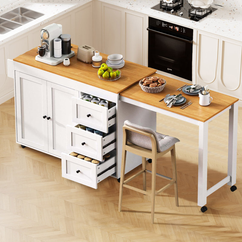 Arlonda 74.8" Kitchen Island With Storage And  Extendable Dining Table, White