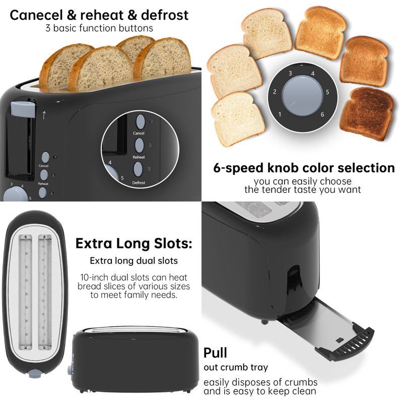 4 Slice Extra Long Slot Toaster With 6 Browning Levels & Defrost/Reheat Functions,Black, Black