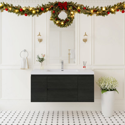Meuble-lavabo mural 48 po avec lavabo, meuble de rangement mural avec lavabo à surface solide et tiroirs à fermeture en douceur entièrement assemblés, bois espresso