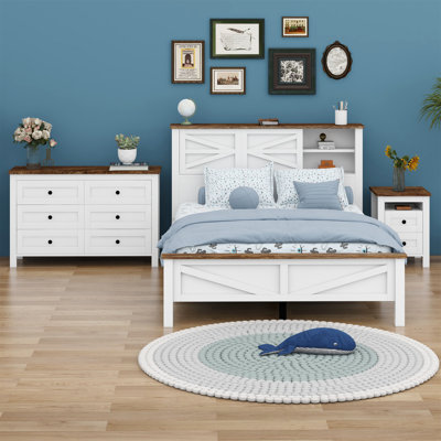 Ensemble de lit plateforme 3 pièces avec tête de lit double à porte coulissante, station de charge, table de chevet et commode