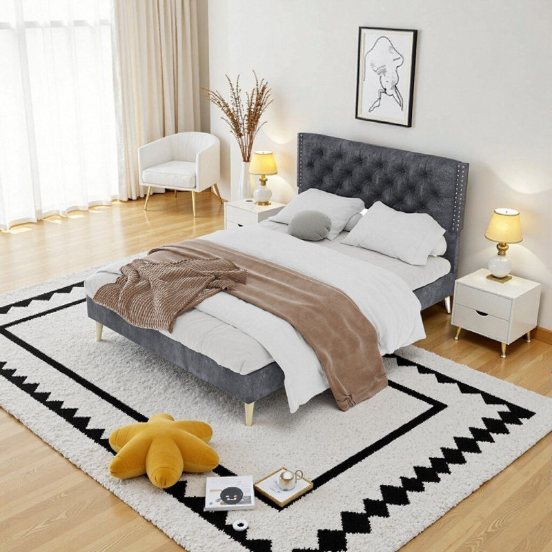 Lit de luxe grand capitonné en velours - Structure de lit tapissier gris doux avec support robuste pour une chambre confortable