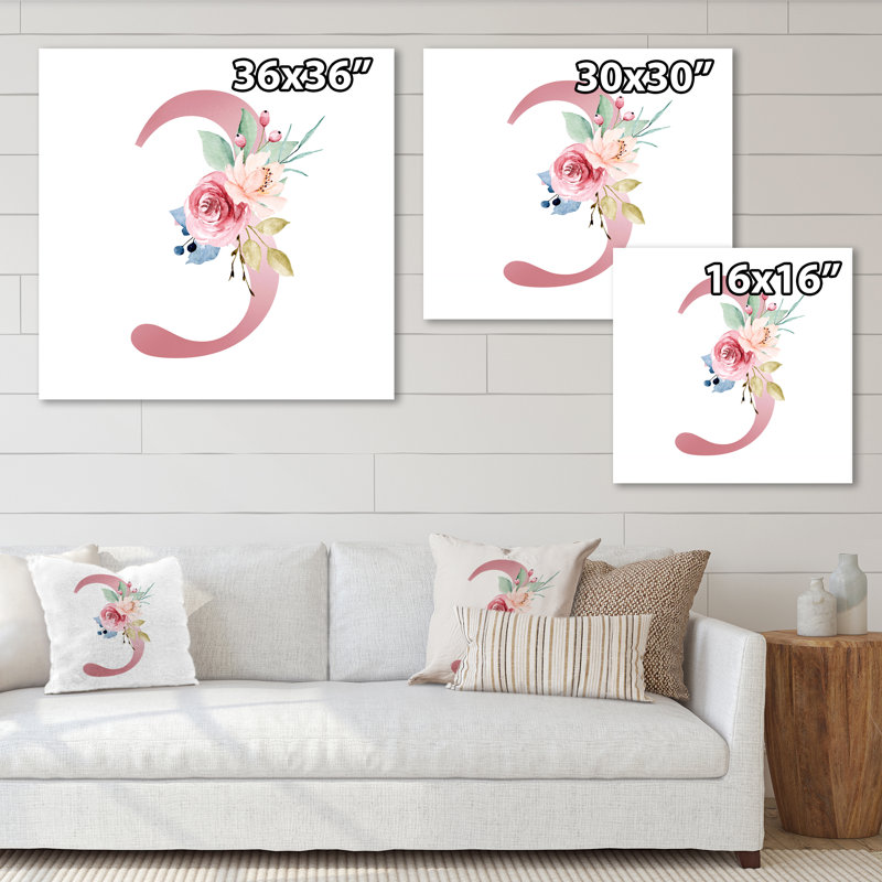 "Floral Art Design With Number Three II", reproduction d'art sur toile traditionnelle, H 30 po x l 30 po, Toile tendue