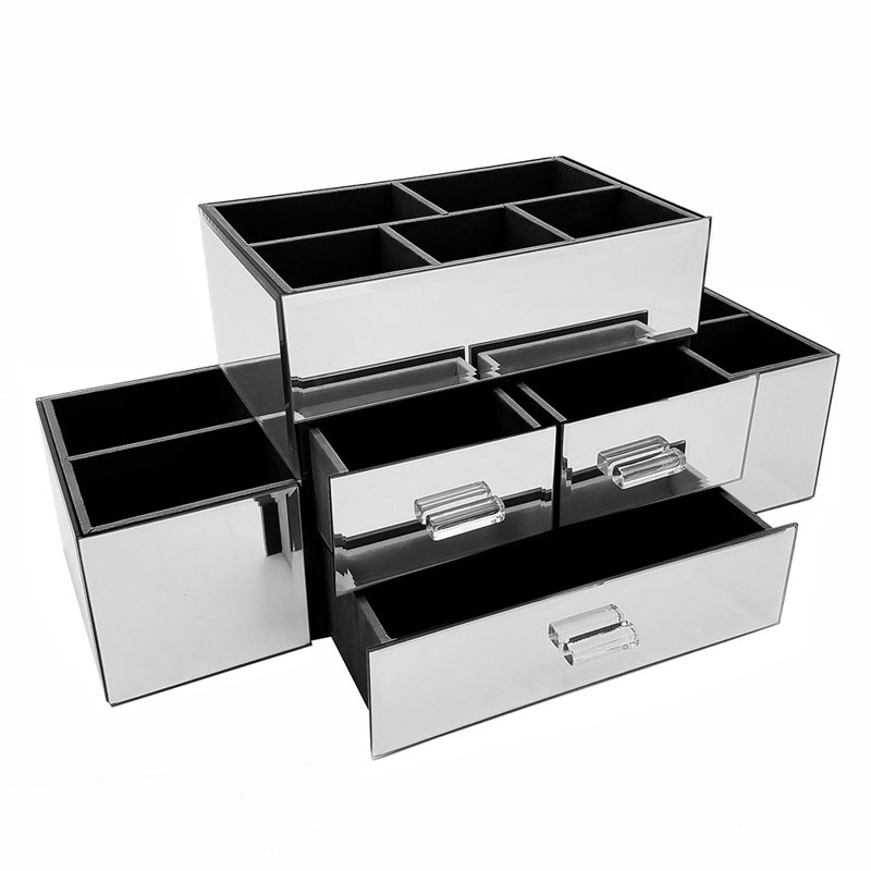 Organisateur de maquillage/bijoux à plusieurs niveaux avec miroir à 3 tiroirs Morrell, argent