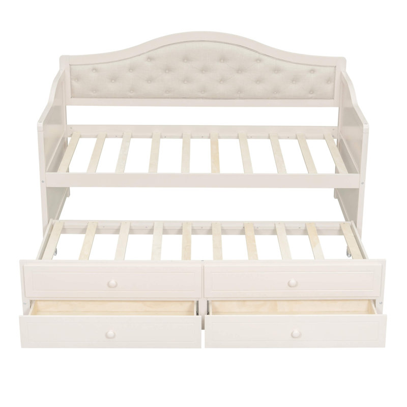 Lit de jour simple en bois avec lit gigogne, 2 tiroirs de rangement et dossier capitonné, aucun sommier nécessaire, Beige