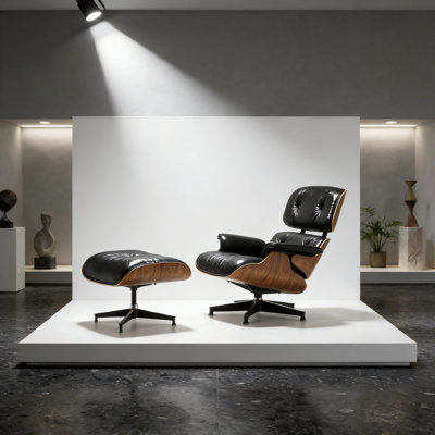 Mid Century Chaise Lounge Chair With Ottoman, Top Grain Leather, Modern Office Chair Classic Design, Heavy Duty Base Support For Living Room Study Lounge Office