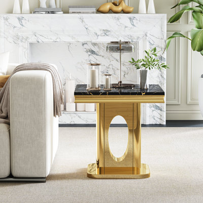 Table de bout carrée en marbre 22,83 po, plateau en faux marbre moderne, base ronde en acier inoxydable poli miroir de luxe