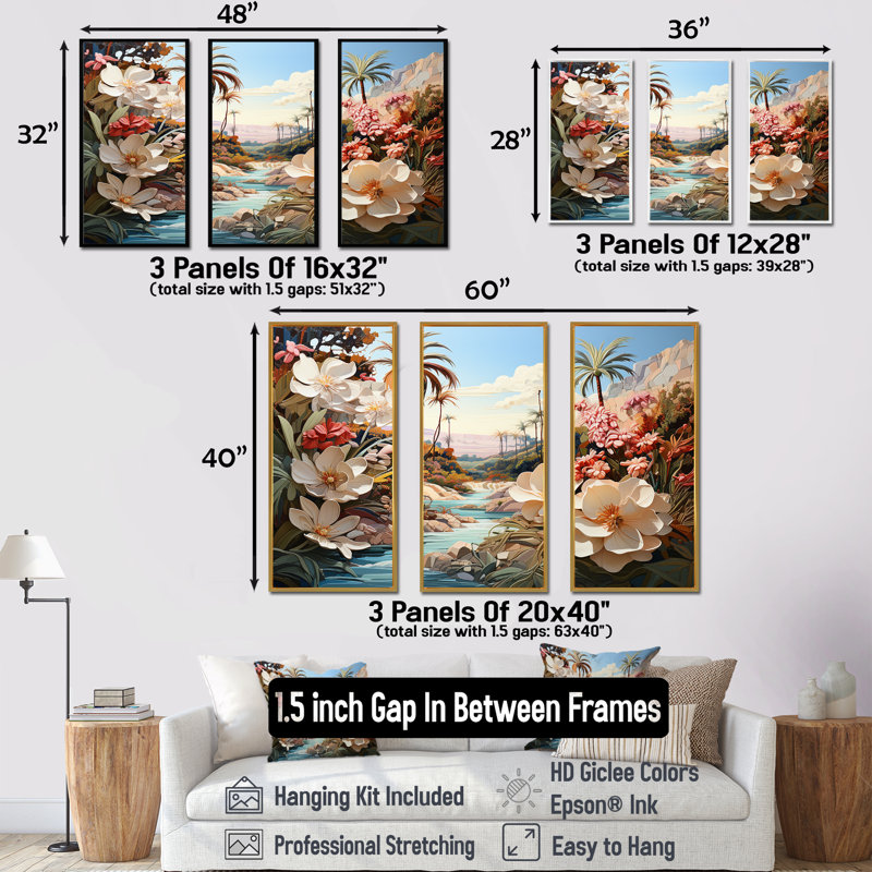Ensemble de décoration murale Palm Trees Coastal Charm I - Fleurs, 28" H x 36" W x 1" D, Cadre flottant blanc