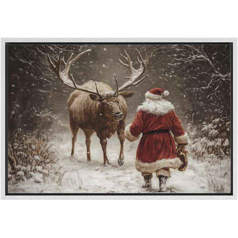 Reproduction d'art sur toile, Noël, père Noël, renne dans la forêt d'hiver, H 16 po x l 24 po, Cadre flottant blanc
