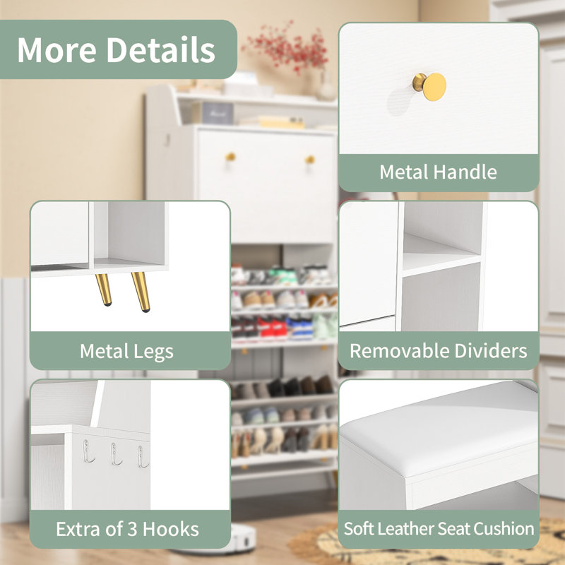 All-In-One Shoe Storage Cabinet And Shoe-Changing Bench With Hidden Storage And Display Shelves, White