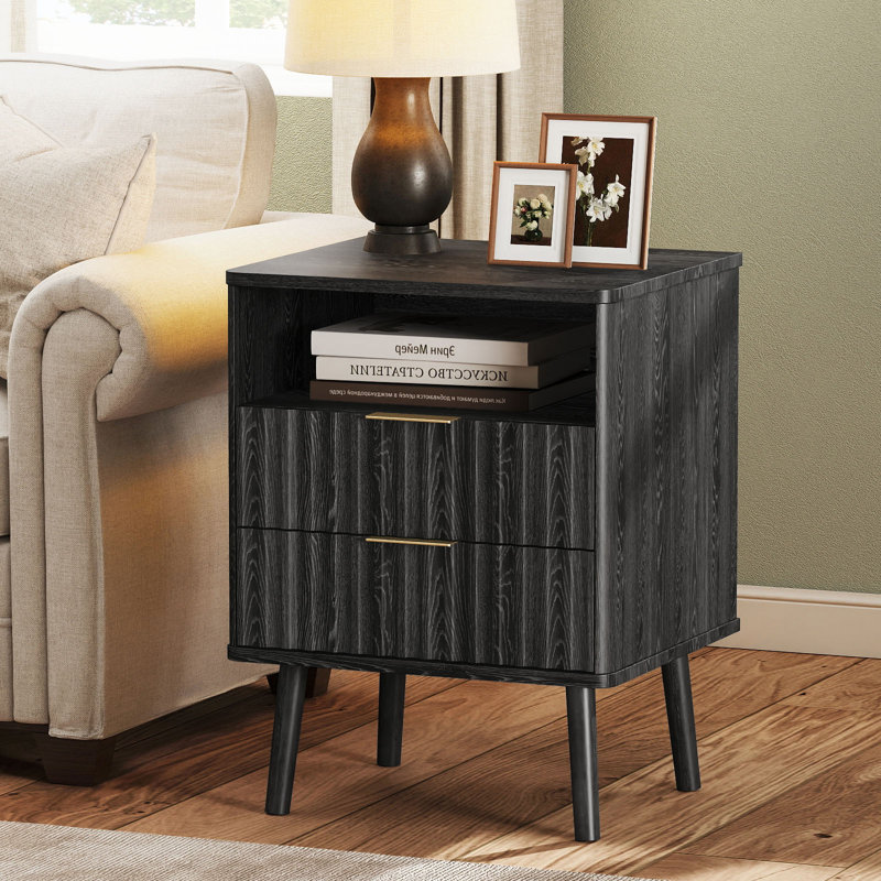 Fluted Nightstand Set of 2, 18" Modern Side Table, 2 Drawers End Table with Storage, Bedside for Bedroom, Living Room, Curved Profile Design