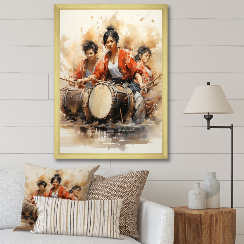 «Deaneen Japon Art Taiko Drumming» sur toile, Encadrement doré, H 44 po x l 34 po x P 1,5 po