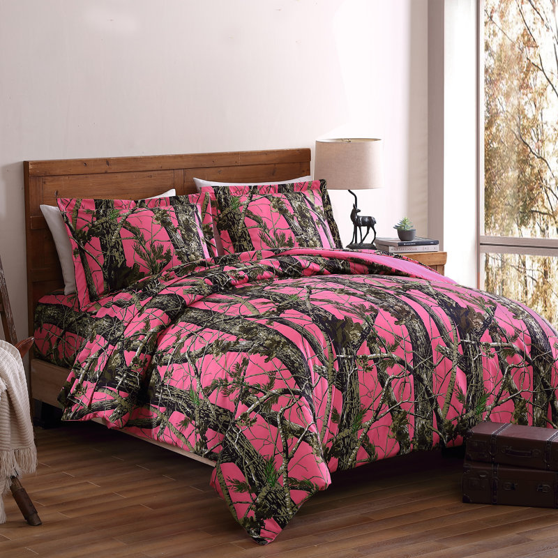 Nature Forest Woods Camouflage Comforter Set Cabin Lodge Bedding Set, Queen Comforter  + 2 Standard Shams, White