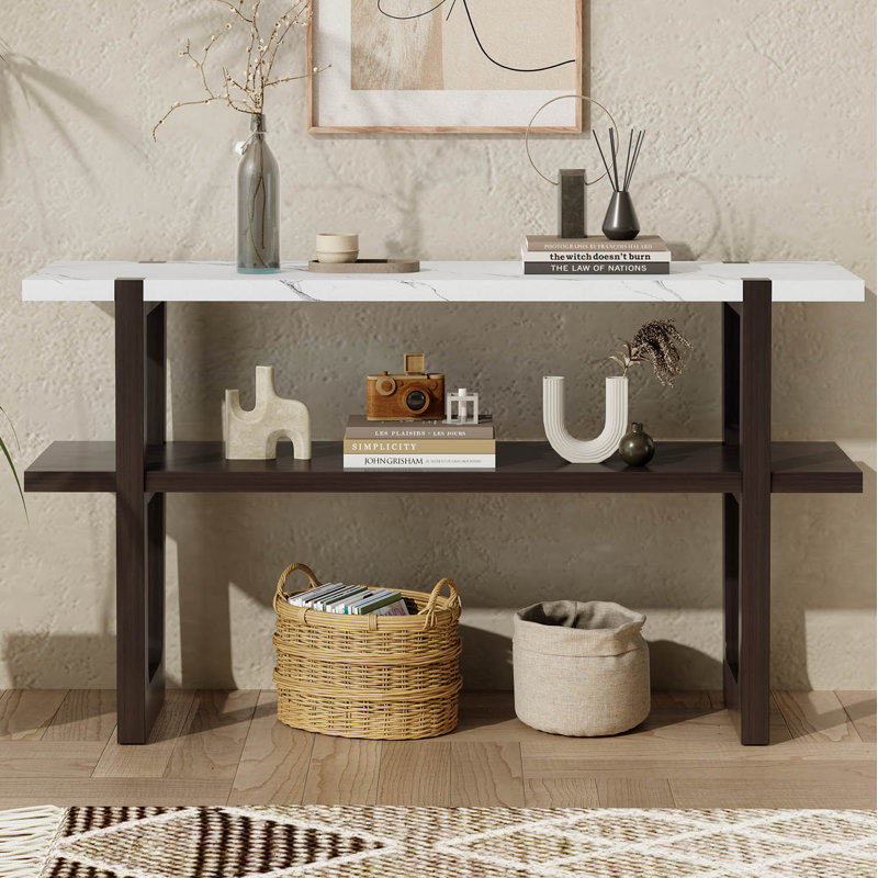 Retro Elegant Console Table with Marble-Effect Top and Versatile Storage Solutions, Espresso